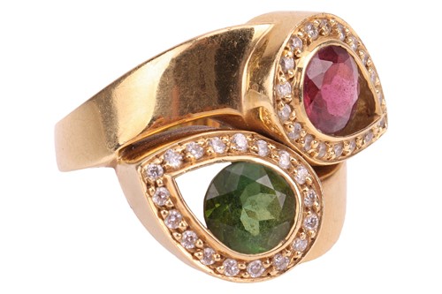 Lot 244 - A tourmaline and diamond crossover ring,...