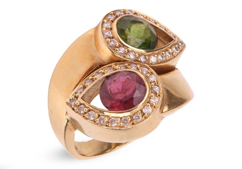 Lot 244 - A tourmaline and diamond crossover ring,...