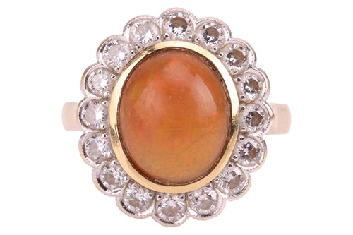 Lot A fire opal and diamond cluster ring,...