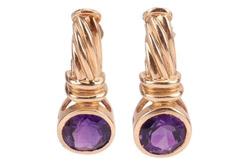 Lot A pair of amethyst earrings, of twisted rope...