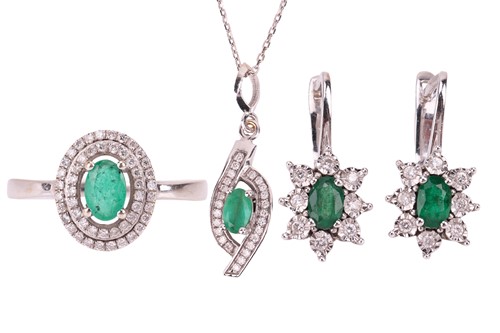 Lot 121 - An emerald and diamond cluster ring, a pair of...
