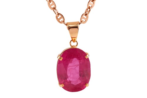 Lot 179 - A large synthetic ruby pendant on chain,...
