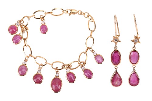 Lot 250 - A pair of ruby-set earrings and bracelet,...