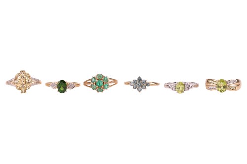 Lot 2 - Six rings in 9ct gold set with green and...