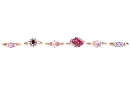 Lot 22 - Six 9ct gold dress rings set with pink...