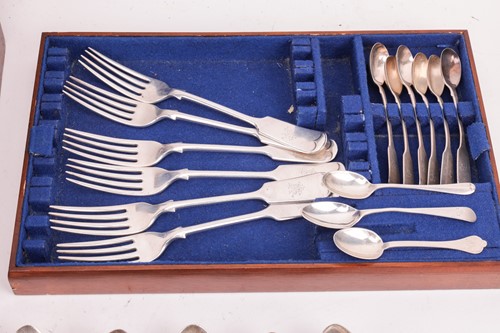 Lot 454 - A silver part canteen of fiddle pattern...
