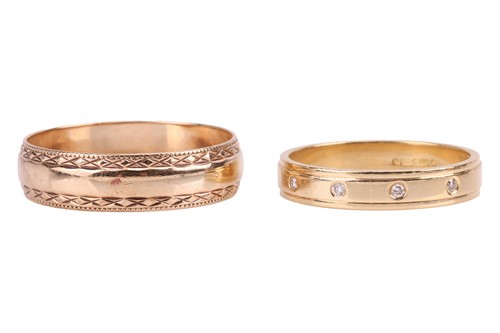 Lot 290 - Two gold wedding bands; first one flush-set...