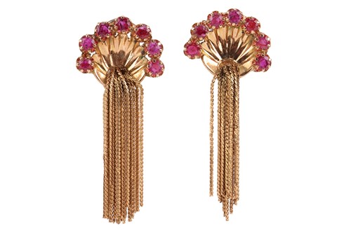 Lot 212 - A pair of ruby-set tassel earrings, circa 1950,...