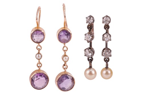 Lot 104 - A pair of round-cut amethyst and seed pearl...