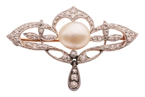 Lot 185 - An Art Nouveau pearl and diamond brooch, of...