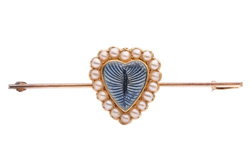 Lot 340 - An enamel and pearl-set heart bar brooch,...