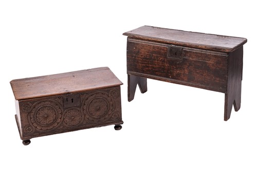 Lot A 17th-century oak six-plank coffer, with...