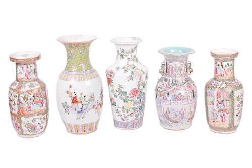 Lot A near pair of Cantonese famille rose vases,...