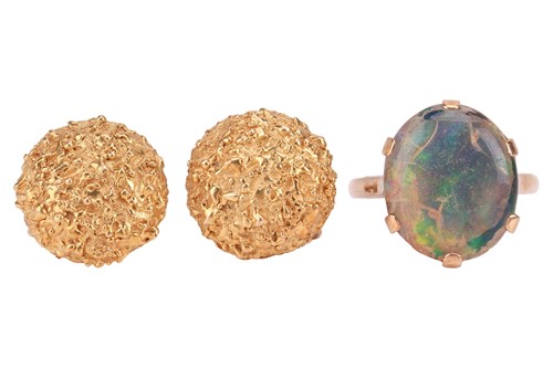 Lot 245 - A pair of earrings and an opal dress ring; the...