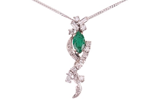 Lot An emerald and diamond-set pendant, claw-set...