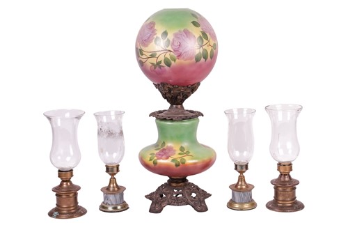 Lot A large painted glass oil lamp and globe,...