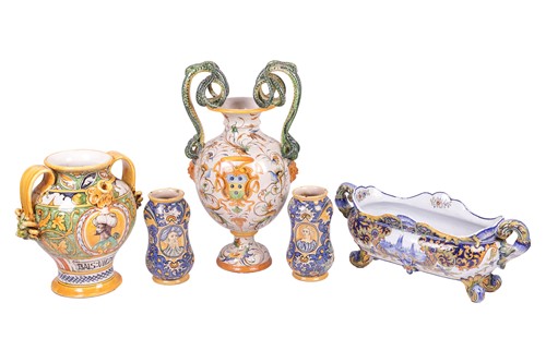 Lot A large Italian maiolica pedestal vase, the...