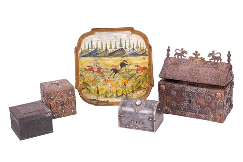 Lot An Indian iron-bound dowry box with a pitched...