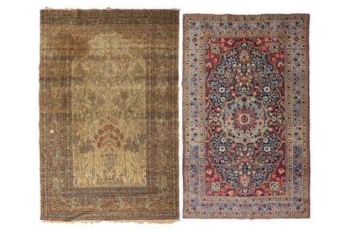 Lot An antique ivory ground lavar Kerman pictorial...