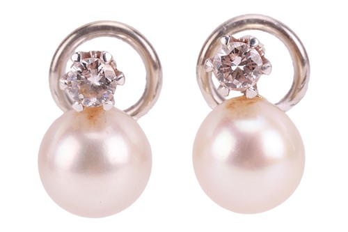 Lot 201 - A pair of cultured pearl and diamond earrings,...