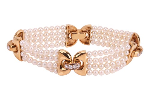 Lot 171 - A diamond-set cultured pearl bracelet,...