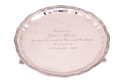 Lot 360 - A silver salver, circular with shaped beaded...
