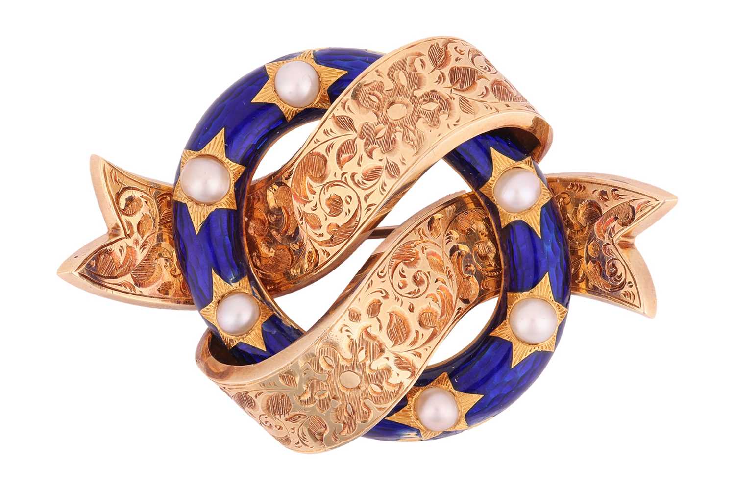 Lot 7 - A Victorian enamel and pearl ribbon brooch,...