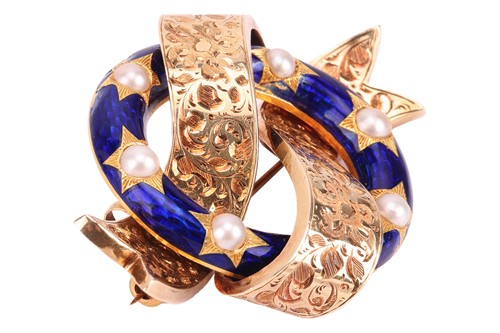 Lot 7 - A Victorian enamel and pearl ribbon brooch,...
