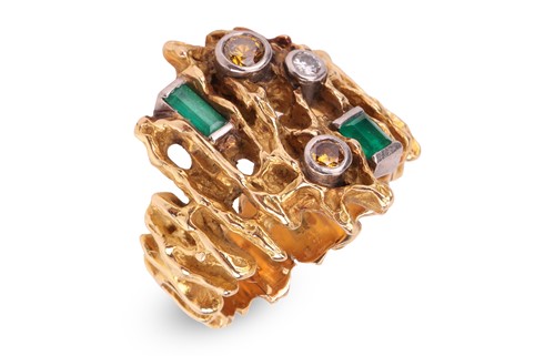 Lot A modernist dress ring set with emerald and...