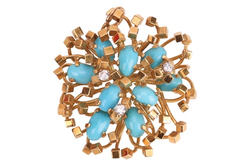 Lot A turquoise and diamond brooch, of an abstract...