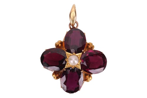 Lot An Edwardian garnet and pearl floral pendant,...