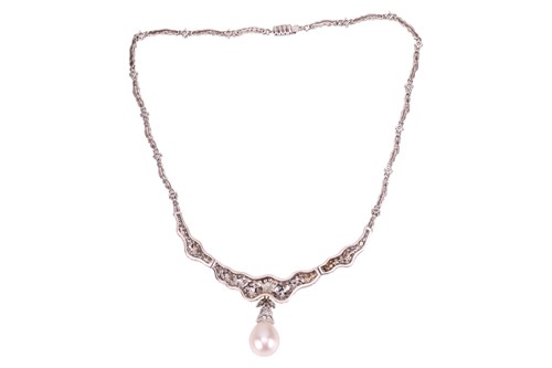 Lot 243 - A pearl and diamond necklace in 18ct white...