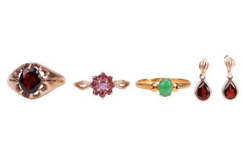 Lot 48 - Three gem-set rings and a pair of drop...