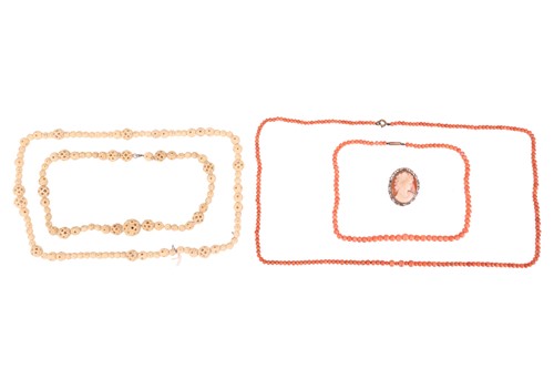 Lot 38 - Two coral bead necklaces, an oval shell cameo...