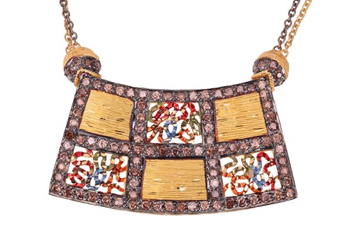 Lot A diamond and enamel necklace; the central set...