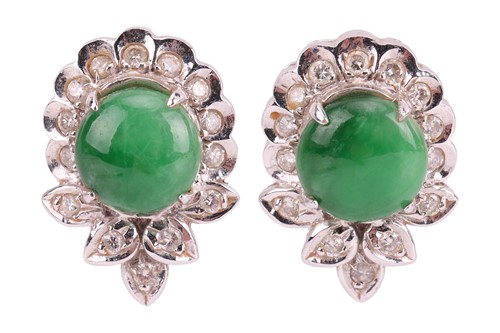 Lot 107 - A pair of jadeite and diamond-set cluster...