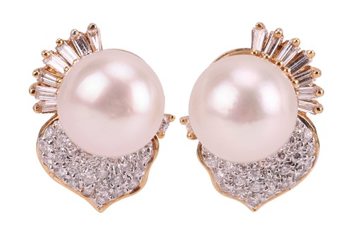 Lot 212 - A pair of cultured pearl and diamond-set...