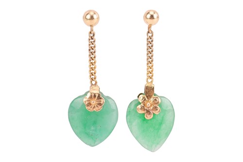 Lot 198 - A pair of jade heart drop earrings, each...