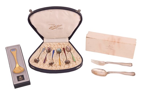Lot 427 - Georg Jensen silver gilt and enamel spoon in a...