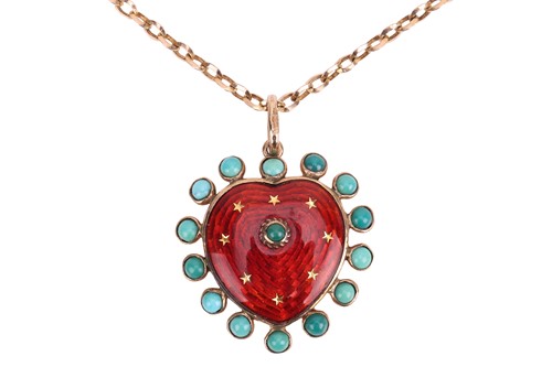 Lot 86 - A gem-set enamel heart pendant on chain, the...