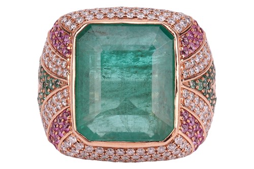 Lot 202 - An emerald, pink sapphire and diamond cocktail...
