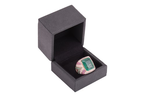 Lot 202 - An emerald, pink sapphire and diamond cocktail...