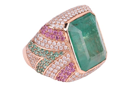 Lot 202 - An emerald, pink sapphire and diamond cocktail...