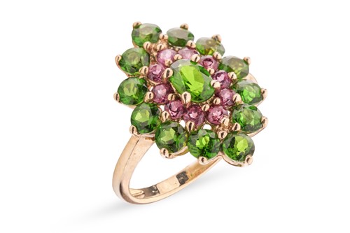 Lot 169 - A chrome diopside and garnet cluster ring in...