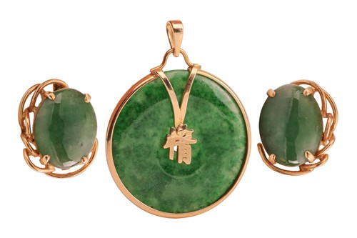Lot 172 - A jadeite pendant and a pair of earrings; the...