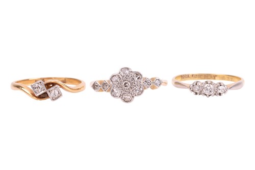 Lot 198 - Three rings; comprising a diamond-set floral...