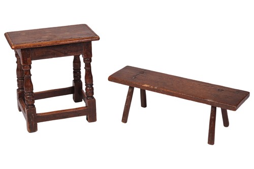 Lot 7 - A 19th century oak small long primitive stool,...