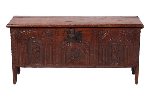 Lot 36 - A 17th century oak five plank coffer, later...