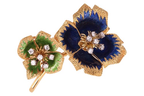 Lot 67 - A floral brooch set with diamonds and enamel,...