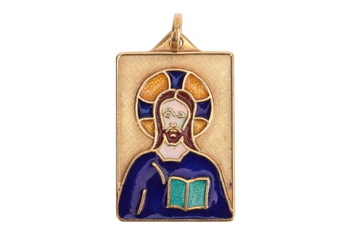 Lot 76 - An enamel religious pendant; the rectangular...